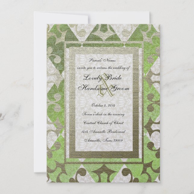 Fancy Green Gold Harlequin Medieval Wedding Invitation (Front)