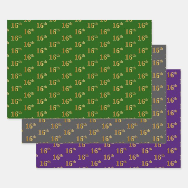 Fancy Green, Gray, Purple, Faux Gold 16th Event # Wrapping Paper Sheets (Set)