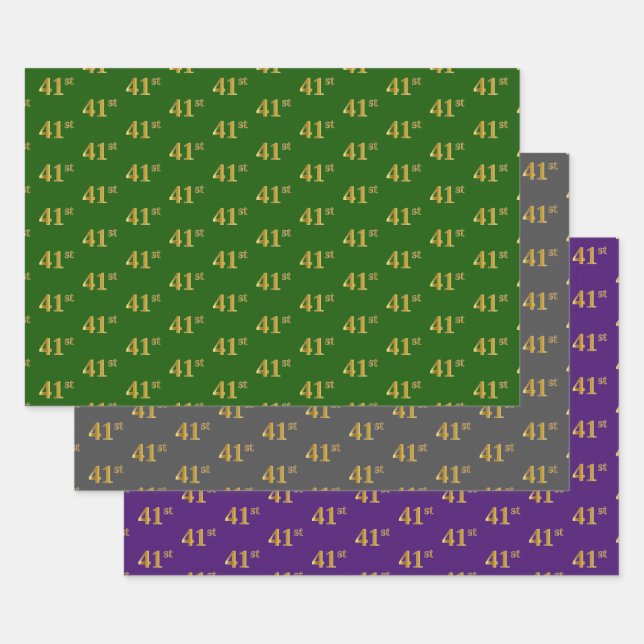 Fancy Green, Gray, Purple, Faux Gold 41st Event # Wrapping Paper Sheets (Set)