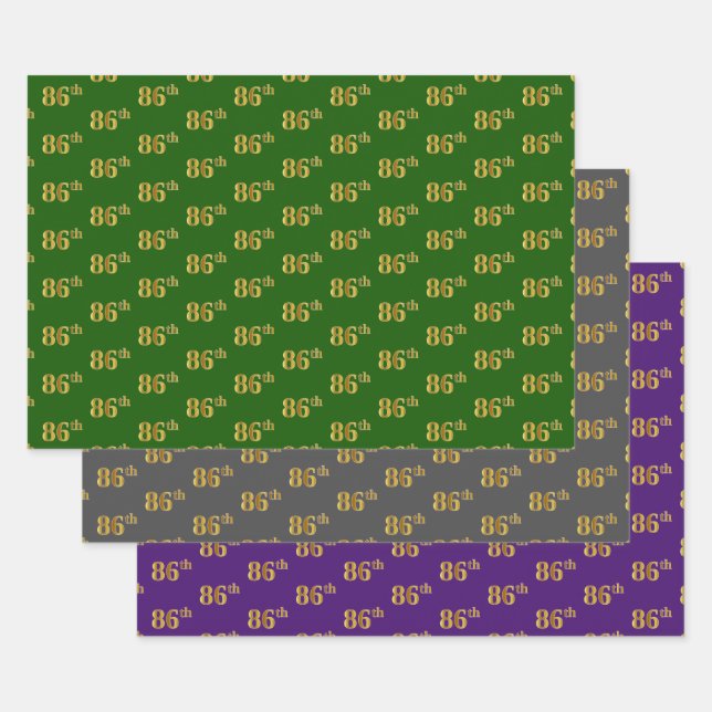 Fancy Green, Gray, Purple, Faux Gold 86th Event # Wrapping Paper Sheets (Set)