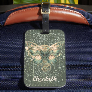 Fancy Green Steampunk Butterfly Personalized Luggage Tag