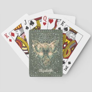 Fancy Green Steampunk Butterfly Personalized Poker Cards
