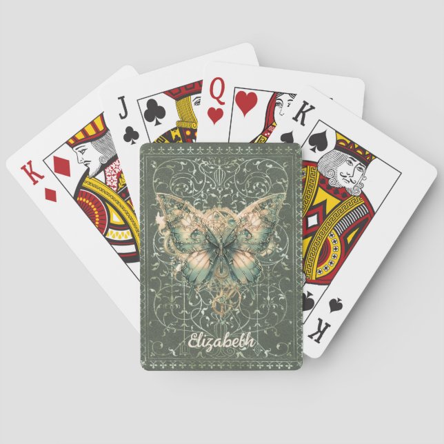 Fancy Green Steampunk Butterfly Personalized Poker Cards (Back)