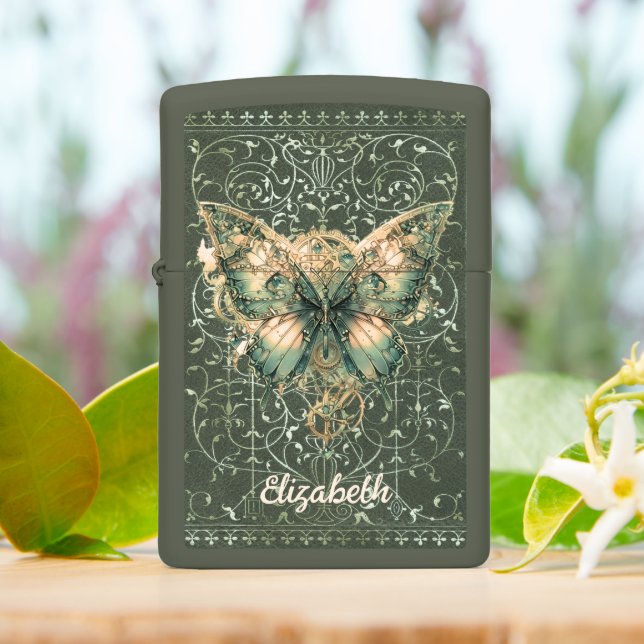 Fancy Green Steampunk Butterfly Personalized Zippo Lighter (On Table)