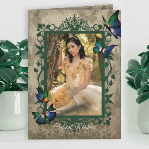 Fancy Green Vines Butterfly Quinceanera Invitation