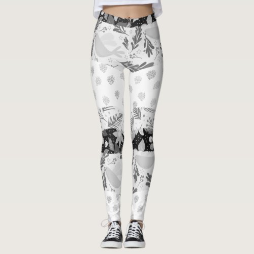 Fancy Grey flower Pattern Patches on White Legging