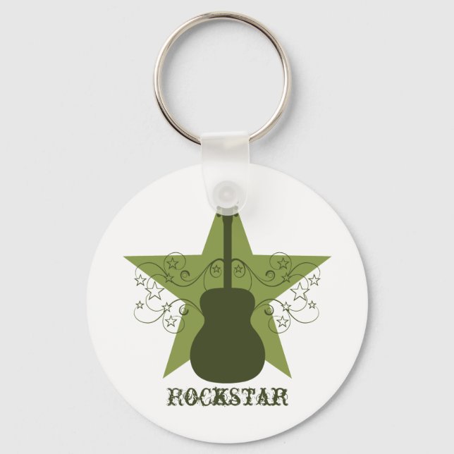 Fancy Guitar Star Swirls Keychain, Green Keychain (Front)