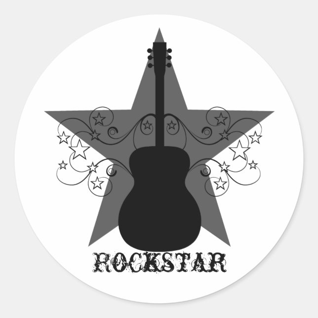Fancy Guitar Star Swirls Stickers, Black Classic Round Sticker (Front)