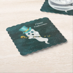 Fancy Halloween Ghost With Top Hat Gold Skull Cane Paper Coaster