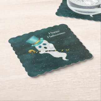 Fancy Halloween Ghost With Top Hat Gold Skull Cane Paper Coaster