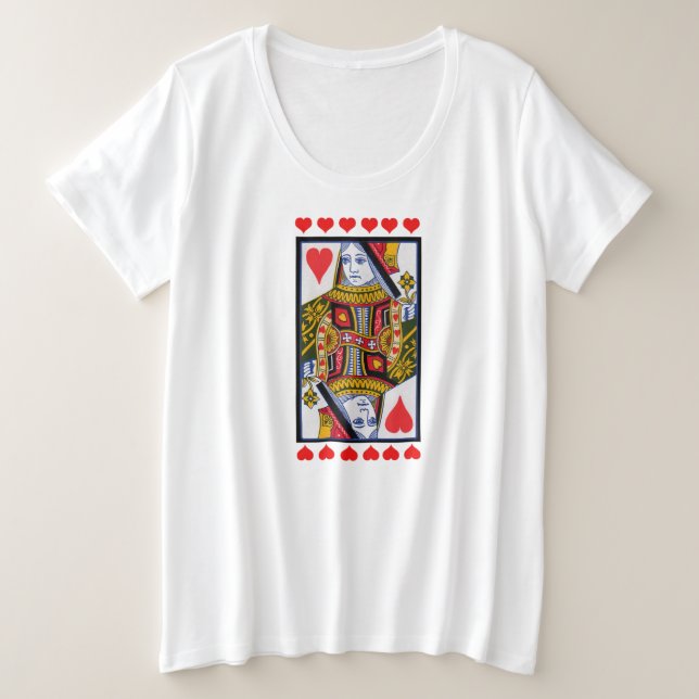 Fancy Heart Queen on Playing Card Red Hearts Plus Size T-Shirt (Design Front)