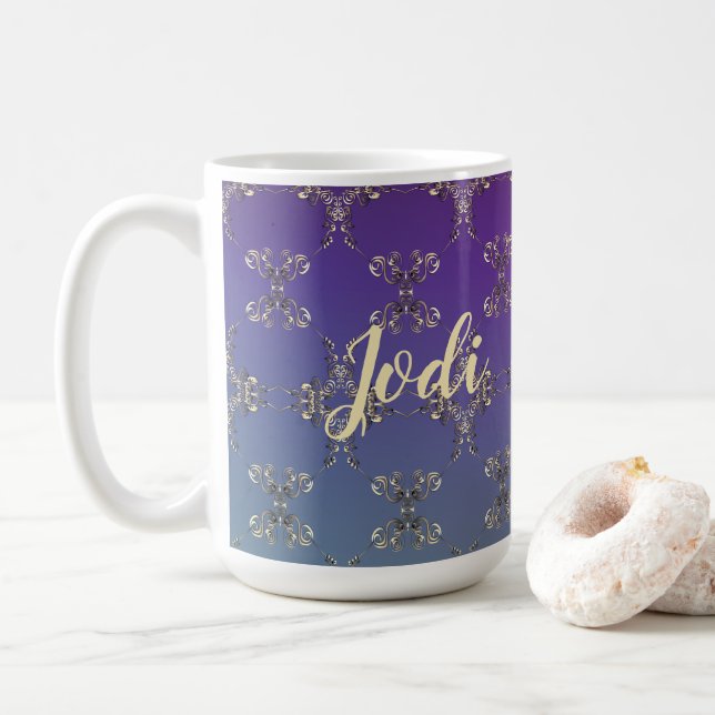 Fancy Hearts Purple Gradient w/Name Coffee Mug (With Donut)