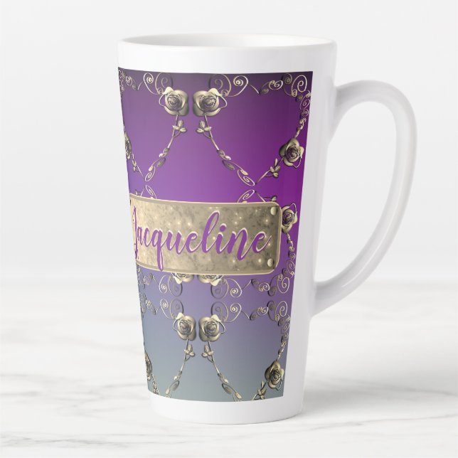 Fancy Hearts Purple Gradient w/Name  Latte Mug (Right)