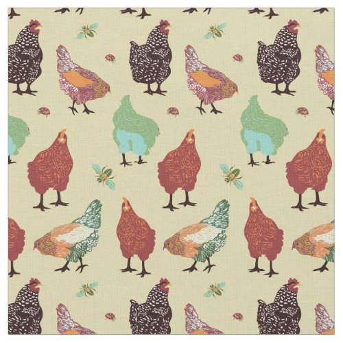 Fancy hens bees grasshoppers fabric