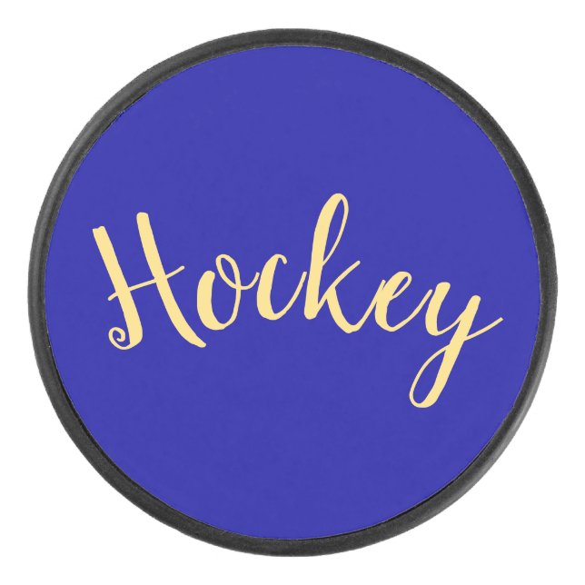 Fancy "Hockey" Script Rich Royal Blue Background Hockey Puck (Front)