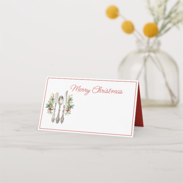 Fancy Holiday Silverware Merry Christmas  Place Card (Front)