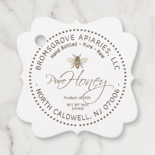 Fancy Honey and Nutrition Tag with Bee on white