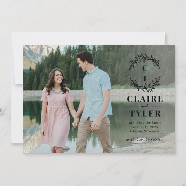 Fancy Initials Editable Color Save The Date Card (Front)