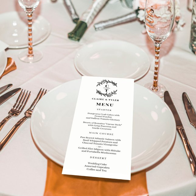 Fancy Initials EDITABLE COLOR Wedding Menu Card (Fancy Initials Wedding Menu in White (Can be personalized to any color combination))
