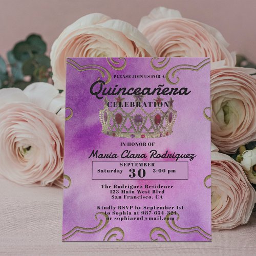 Fancy Jeweled Crown On Pink Quinceaera Invitation