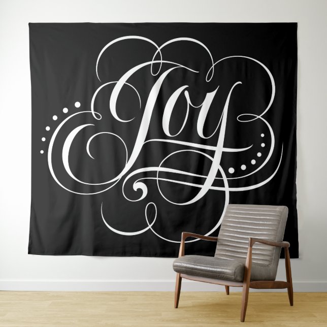 Fancy JOY Calligraphy Lettering Elegant Black Tapestry (In Situ (Horizontal))