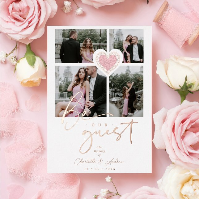 Fancy Lace Pink Heart 4 Multi Photos Collage Foil Invitation (Creator Uploaded)