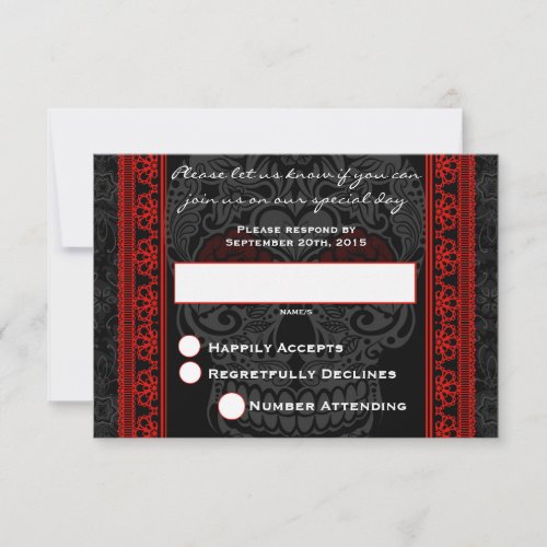 Fancy Lace Sugar Skull day of the Dead RSVP in Red