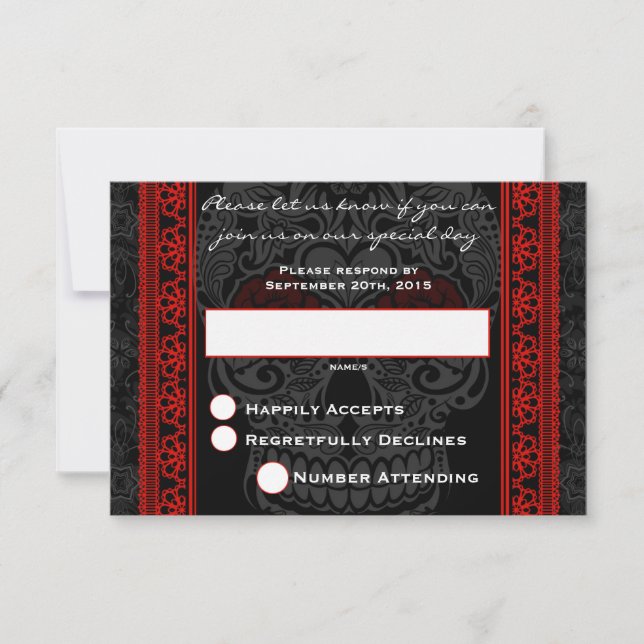 Fancy Lace Sugar Skull day of the Dead RSVP in Red Card (Front)