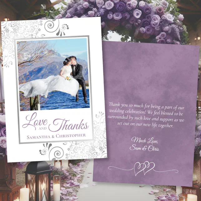Fancy Lavender Love & Thanks Photo & Note Wedding Thank You Card | Zazzle