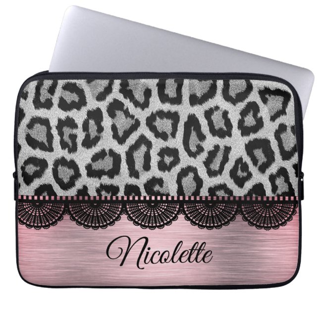 Fancy Leopard and Lace with Pink Blush   Laptop Sleeve (Front)