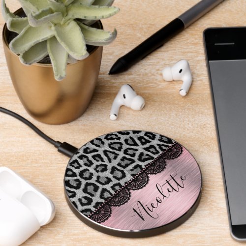 Fancy Leopard and Lace with Pink Blush       Wireless Charger