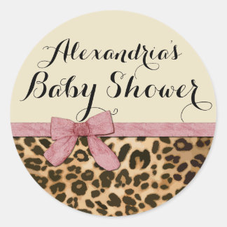Fancy Leopard Pink Bow Girl Baby Shower Classic Round Sticker