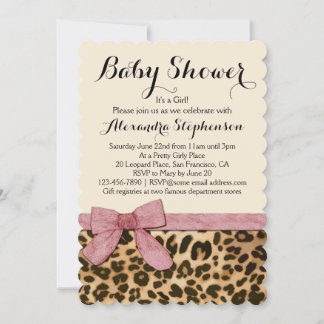 Fancy Leopard Pink Bow Girl Baby Shower Invitation