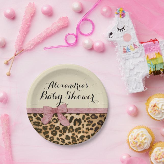 Fancy Leopard Pink Bow Girl Baby Shower Paper Plates (Party)