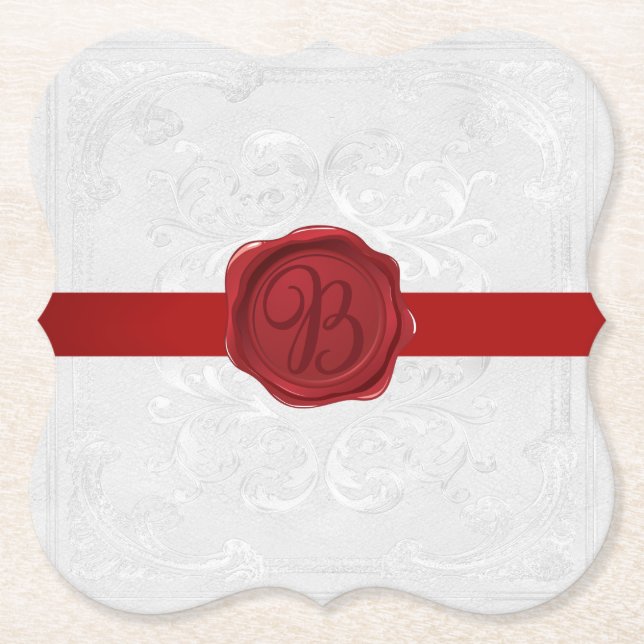 Fancy Letter B Red Wax Seal Ribbon  Paper Coaster (Front)