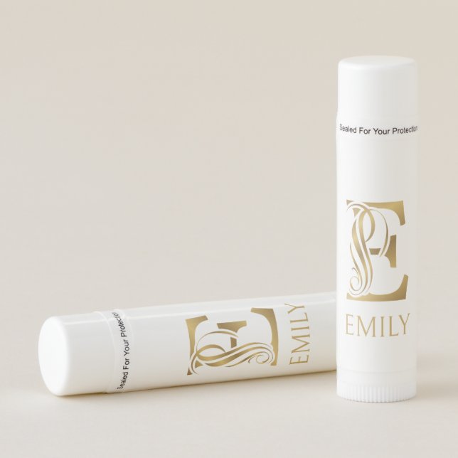 Fancy letter E in gold tones Lip Balm (Front)