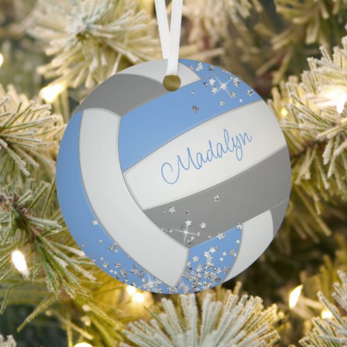 fancy light blue gray volleyball w silver stars metal ornament