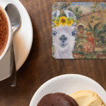 Fancy Llama and Renoir's Farmhouse  Square Paper Coaster<br><div class="desc">Unique and artistic illustration features Renoir's Farmhouse masterpiece with watercolor llama and fancy sunflower crown overlay.</div>