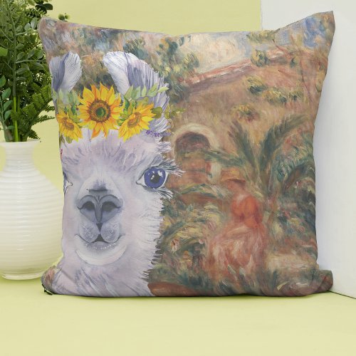 Fancy Llama and Renoirs Farmhouse  Throw Pillow