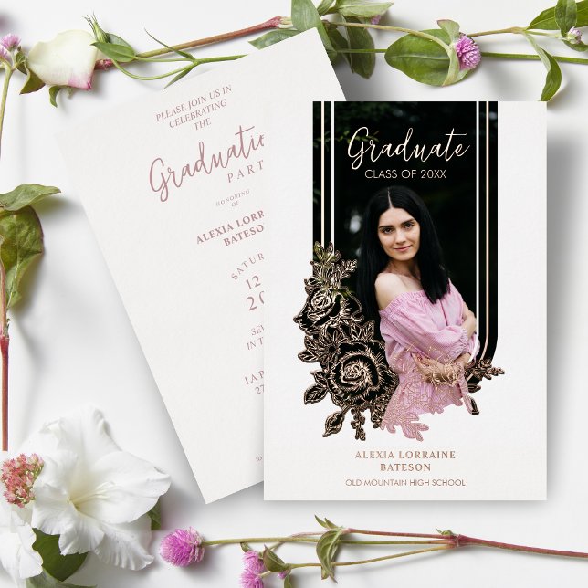 Fancy Luxury Trendy Floral Arch Graduation Party  Foil Invitation (Creator Uploaded)