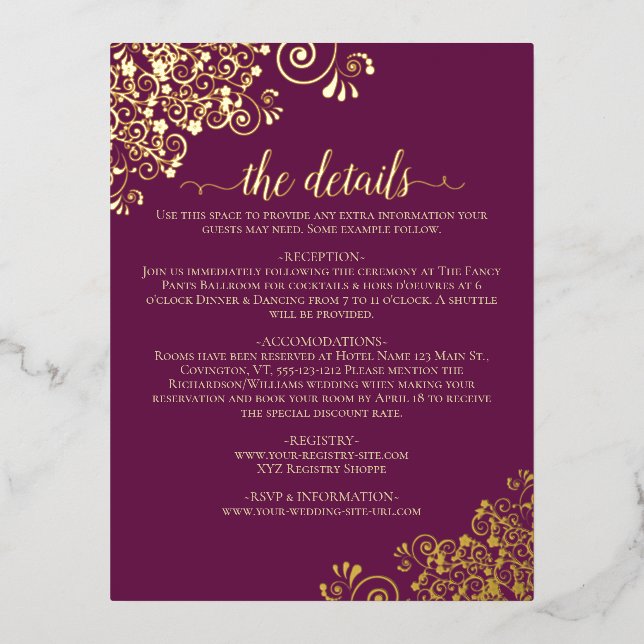 Fancy Magenta Plum Gold Foil Wedding Details Card (Front)