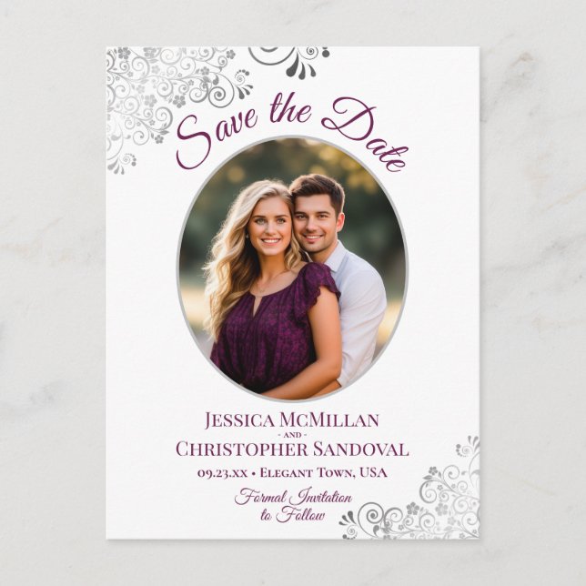 Fancy Magenta & White Wedding Save the Date Photo Announcement Postcard (Front)