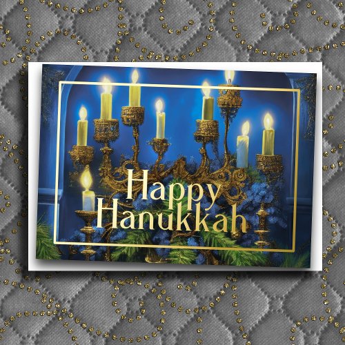 Fancy Menorah with Greenery Foil Holiday Card