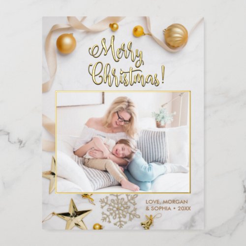 Fancy Merry Christmas Photo Name Message Border Foil Holiday Postcard