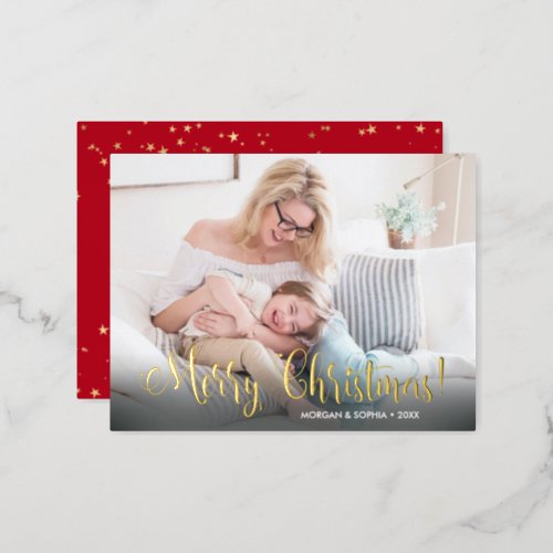 Fancy Merry Christmas Photo Name  Message Foil Holiday Postcard