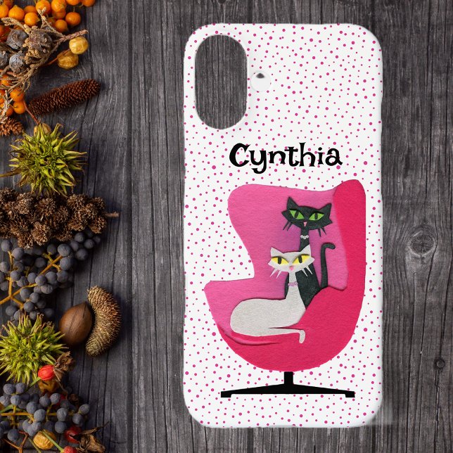 Fancy Mid Century Cats Pink Chair Pink Polka Dots Case-Mate iPhone Case (Classy cats in mid century pink chair on white with pink dotted iPhone 16 case.)