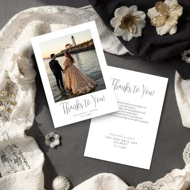 Fancy Minimalist Simple Gray Calligraphy Wedding  Thank You Card (Elegant Minimalist Simple Gray Calligraphy Wedding Thank You Photo Card Design.)