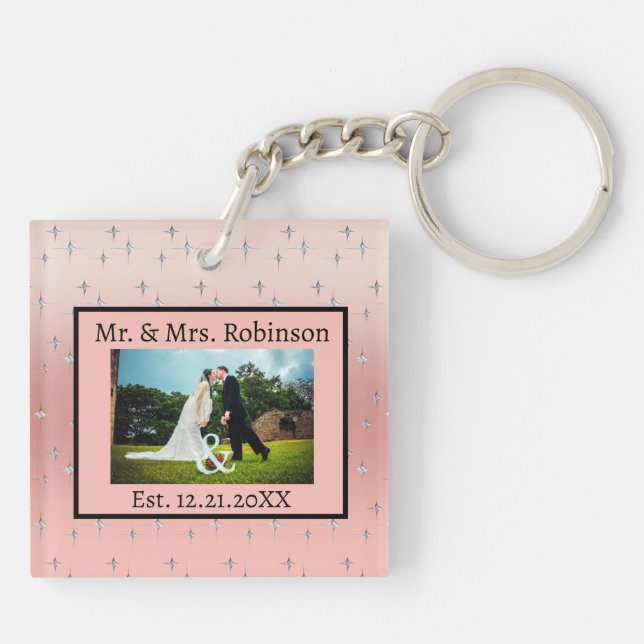Fancy Modern Couples Photo Pink Silver Diamond Keychain (Back)