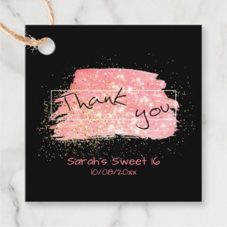 Fancy Modern Pink Black And Gold Glitter Thank You Favor Tags