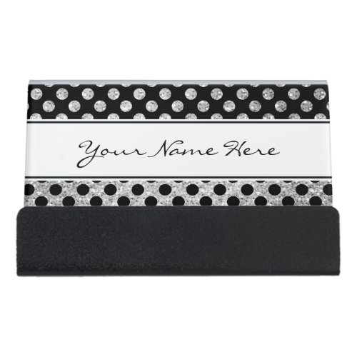 Fancy Modern Silver Glitter  Black Polka Dots Desk Business Card Holder